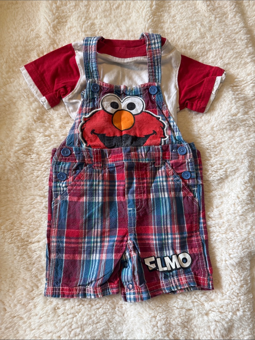 Sesame Street Elmo Red Plaid Overalls with Red Tee